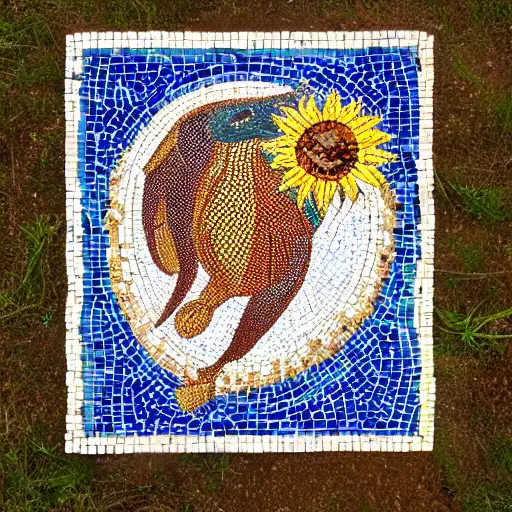 Prompt: mosaic pattern template of a sunflower, a pink dolphin, a lucuma fruit and a pangolin