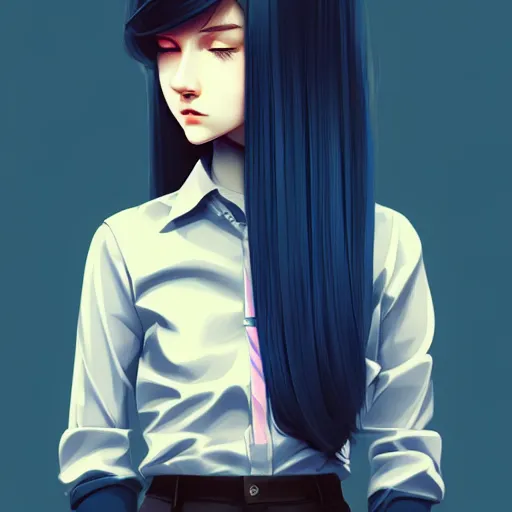 Image similar to urban high school girl in shirt fanart, dark blue long hair, muted colors, matte print, pastel colors, ornate, digital art, digital painting, fan art, elegant, artstation, by Ilya Kuvshinov