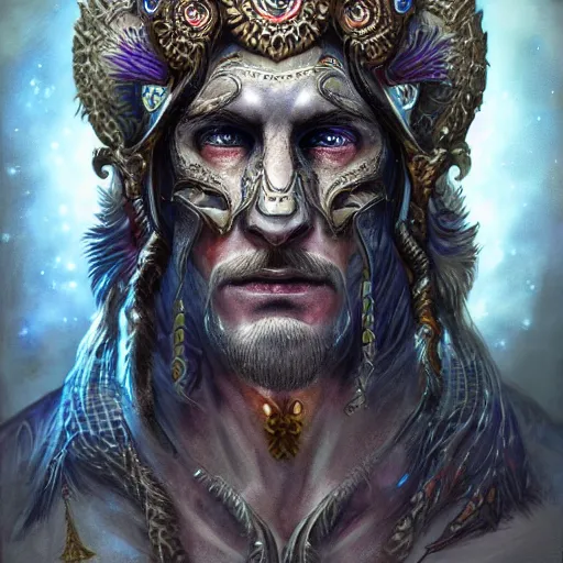 Image similar to an Artstation 3d render of Very very very very highly detailed beautiful mystic head of a phantom warrior with galaxy, tattoos by Anton Pieck, intricate, extremely detailed, digital painting, artstation, concept art, smooth, sharp focus, illustration, intimidating lighting, incredible art,