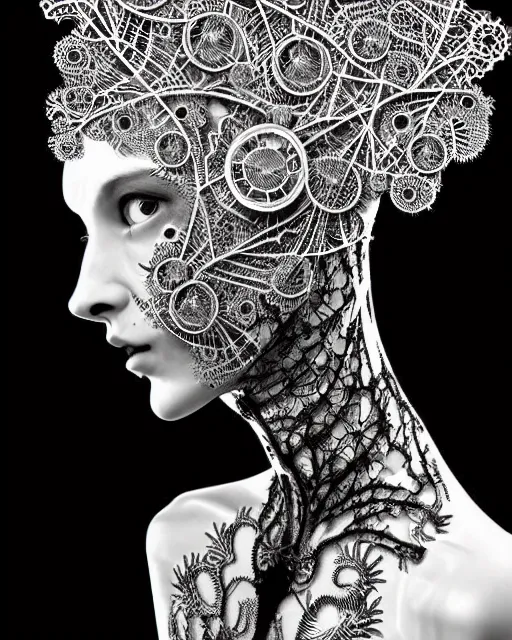 Image similar to surreal black and white photo portrait of complex bio-mechanical beautiful young female vegetal-cyborg with a Mandelbrot fractal steampunk metal fine lace face, a very long neck and a fine metal floral foliage super big lace collar by Alexander McQueen:: smoke, high fashion, haute couture, rococo, steampunk, silver filigree details, anatomical, facial muscles, cable wires, microchip, elegant, dreamy, foggy atmosphere, hyper realistic, 150 mm lens, soft rim light, octane render, unreal engine, picture was taken in 1910 by Man Ray, volumetric lighting, dramatic light,8k,