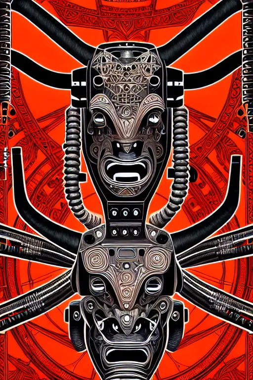 Prompt: a centered uncut fullbody frontview portrait of a robotic minotaur headed biomechanical creature by clogtwo and subjekt zero feat paul lewin and ø - cult. intricate detailed sharp clean textured very ornated. indian style tapestry design. hd. 4 k. lowbrow color palette