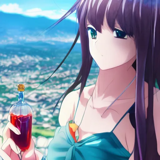 Prompt: closeup of an Anime girl with an transparent Aguardiente Cristal Sin Azucar bottle in her hand with the city of Armenia Quindio in the background, Artwork by Makoto Shinkai, official media, 8k, pixiv, high definition, wallpaper, hd, digital artwork