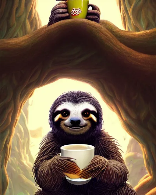 Prompt: An epic fantasy comic book style portrait painting of a sloth holding a cup of coffee in his hands while climbing a tree, very expressive, character design by Mark Ryden and Pixar and Hayao Miyazaki, unreal 5, DAZ, hyperrealistic, octane render, cosplay, RPG portrait, dynamic lighting, intricate detail, summer vibrancy, cinematic