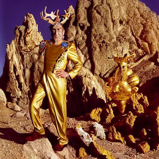 Image similar to salvador dali wearing a golden costume with jewels and antlers, in a dry rocky desert landscape, visible sky and sunny atmosphere, film still from the movie by alejandro jodorowsky with cinematogrophy of christopher doyle and art direction by hans giger, anamorphic lens, kodakchrome, very detailed photo, 8 k