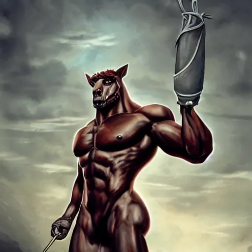 Prompt: a musclebound anthropomorphized horse with a magnificently muscular physique wearing a tight leather battle outfit standing guard at a facility, equine, anthro art, furaffinity, highly detailed, digital painting, artstation, sharp focus, game art, concept art, illustration, art by artgerm, greg rutkowski, wlop