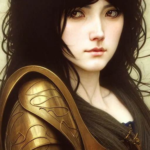 Prompt: Masterpiece head and shoulders portrait of a female Kazuto Kirigaya Kirito, young woman with brown long hair and bangs and wearing a long black coat breast-armor showing through, face, fantasy, intricate, elegant, highly detailed drawn by Donato Giancola and Fernanda Suarez and Artem Demura, face by Artgerm and Edmund Leighton, Alphonse Mucha, background by James Jean and Gustav Klimt, 4k, porcelain skin, komorebi, french nouveau, trending on pixiv, octane render, hyperrealistic