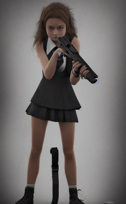 Prompt: school girl holding a gun, gloomy and foggy atmosphere, octane render, cgsociety, artstation trending, horror scene, highly detailded