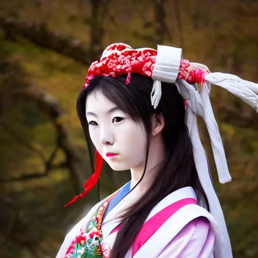 Image similar to face photo of a japanese shrine maiden, young beautiful woman, award winning photo, stunning scenery, high definition, 8 k, dynamic lighting