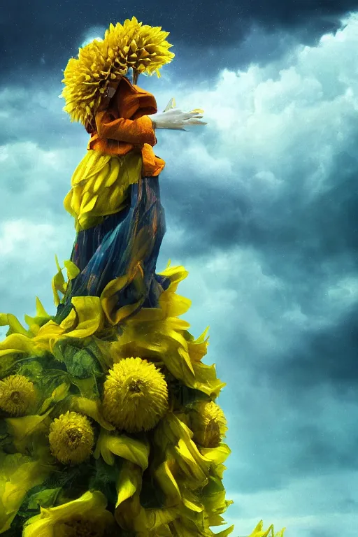 Image similar to closeup girl with huge yellow dahlia flower face, intricate, standing on mountain, surreal photography, blue storm clouds, dramatic light, impressionist painting, digital painting, artstation, simon stalenhag