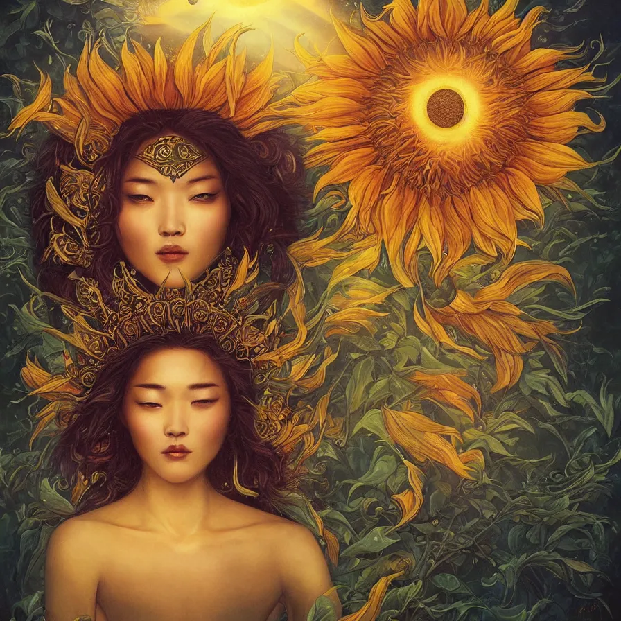 Image similar to The east-asian goddess of sunflower wearing an helianthus golden crown and presiding over the rays of the sun, by Anato Finnstark, Tom Bagshaw, Brom