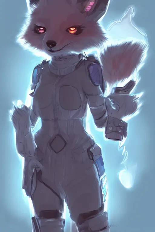 Image similar to a cyberpunk anthropomorphic fox with a fluffy tail!!!, comic art, trending on furaffinity, cartoon, kawaii, backlighting, by kawacy, chibi, pastel