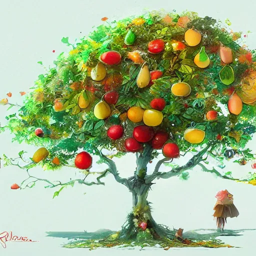 Image similar to tree made of all kinds fruits, by rossdraws, james jean, andrei riabovitchev, marc simonetti, yoshitaka amano, artstation, cgsociety