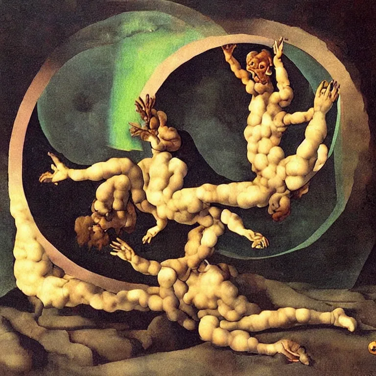 Image similar to optical illusion painting of a couple dancing in a worm hole, illusionism, mind blow, by michelangelo and salvador dali, detailed