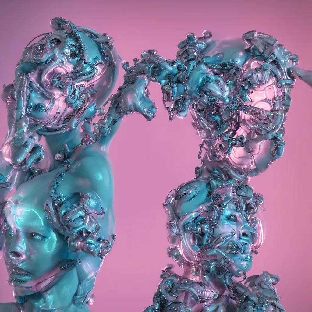 Prompt: hyperrealistic detailed rococo cyborg woman with pearlescent blue skin key sage wayne barlowe very soft pink neon lighting on one side wide angle 35mm shallow depth of field 8k