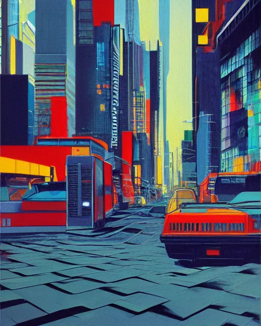 Prompt: urban retro technology, 9 0 s colors and shapes, wayne barlow, oil on canvas, deep depth of field, masterpiece, cinematic composition, hyperdetailed