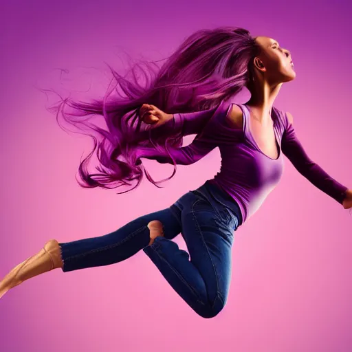 Prompt: a award winning action upper body portrait of a beautiful woman with a ombre purple pink hairstyle with head in motion and hair flying, outrun, vaporware, highly detailed, fine detail, intricate