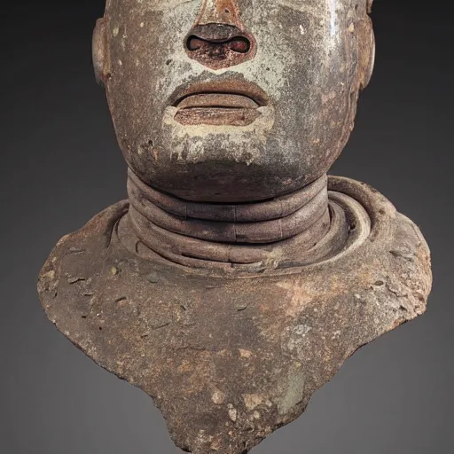 Image similar to an extremely ancient ironman bust that is tarnished and covered in sediment from uncovered earth expedition, rare photograph, smithsonian,