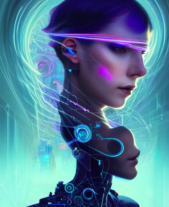 Image similar to a whirlwind of souls rushing inside the metaverse, hologram, half body, neurochip, shaved temple, piercing, jewelry, android, cyborg, cyberpunk face, by loish, d & d, fantasy, intricate, elegant, highly detailed, colorful, digital painting, artstation, concept art, art by artgerm and greg rutkowski and alphonse mucha