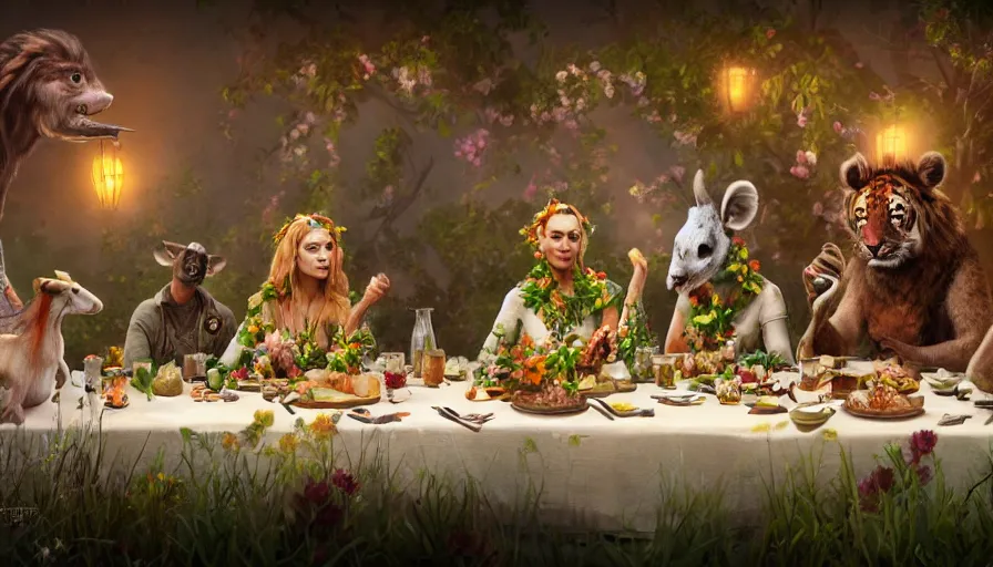 Prompt: a table dinner of exotic animals where animals are dressed like the characters from the midsommar movie wearing flowers, realistic detailed digital art by maxwell boas jessica rossier christian dimitrov anton fadeev trending on artstation cgsociety rendered in unreal engine 4 k hq