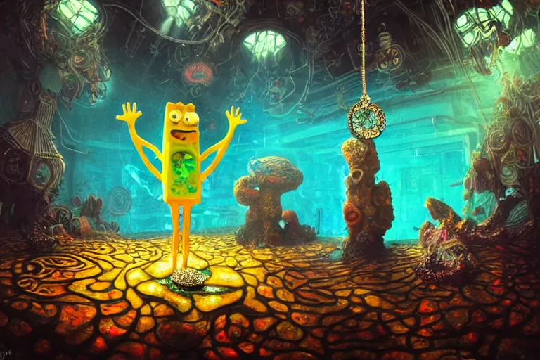 Image similar to psychedelic spongebob with trinket necklace, epic angle and pose, reflective pool, symmetrical artwork, ayahuasca, translucent, fungus, energy flows of water and fire, highly detailed, epic cinematic concept art, excellent composition, dystopian brutalist atmosphere, dynamic dramatic lighting, aesthetic, very inspirational, arthouse, Greg Rutkowski, Artgerm