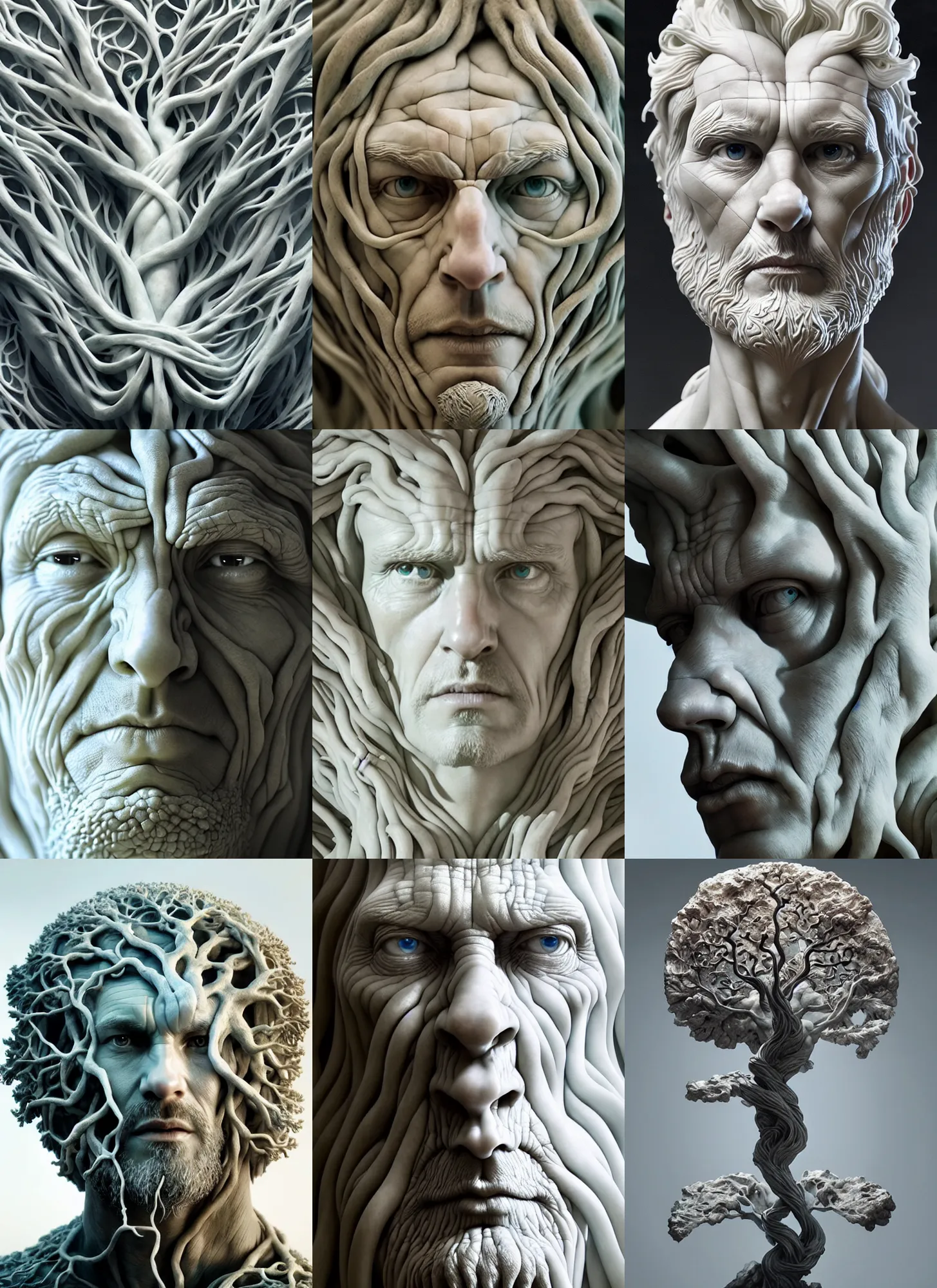 Image similar to beautiful closeup portrait of tree of life marble sculpture by greg rutkowski, josan gonzalez, rodin, michelangelo, cinematography by christopher nolan, imaginative, creative, emotion : madness