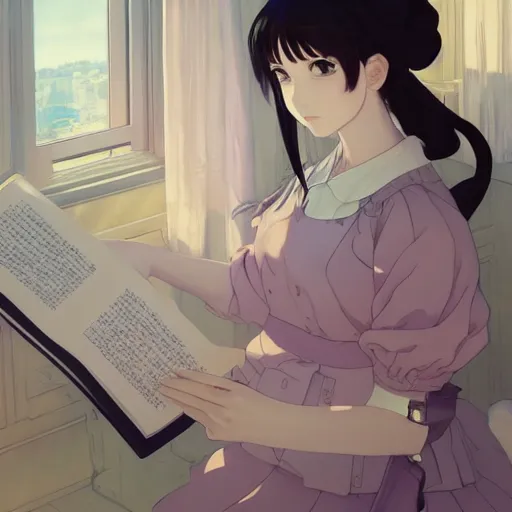 Prompt: a young woman in maid uniform reading a book by Stanley Artgerm Lau, WLOP, Rossdraws, Guweiz, Marc Simonetti, Studio Ghibli, krenz cushart, pixiv, background by James Jean and gustav klimt and John Marshall Gamble, 4k, volumetric lighting, french nouveau, trending on artstation, octane render, hyperrealistic