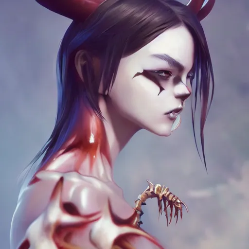 Image similar to a beautiful anime girl wtih demon horns and Skeleton tails,full body painting,by Greg Rutkowski and Ilya Kuvshinov and Christian angel,super clear detailed,hyper realistic,trending on artstation,4k