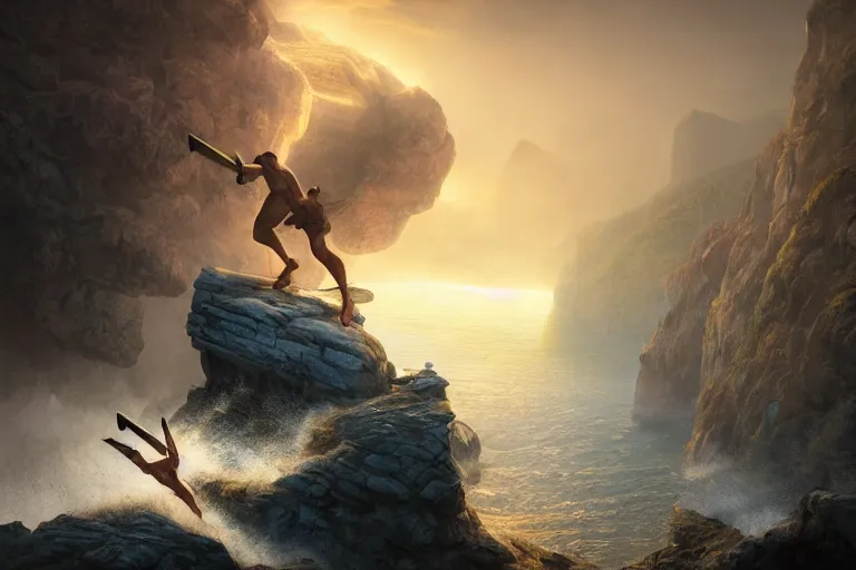 Image similar to Hercules in an intense fight against Perseus over a cliff, artwork by Stefan Kopinski and Guillem H. Pongiluppi, greek setting, photo realistic, volumetric lighting, HDR, 4k, high detail