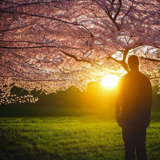 Prompt: man facing the sunset in a beautiful cherry tree forest