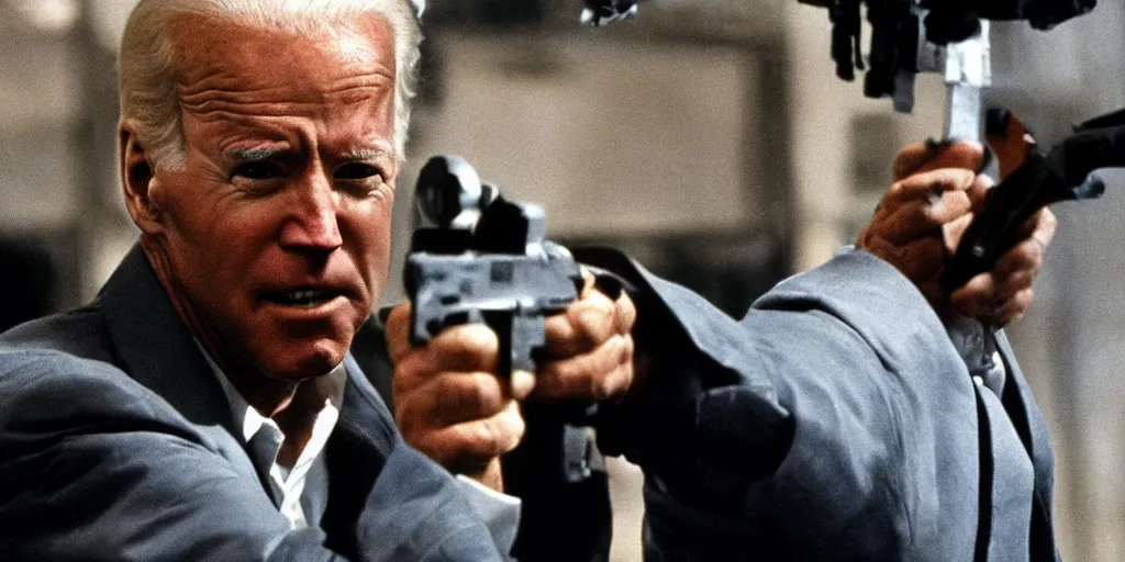 Image similar to joe biden in the terminator executing donald trump, cinematic, establishing shot, extremly high detail, photorealistic, cinematic lighting, style by James Gurney