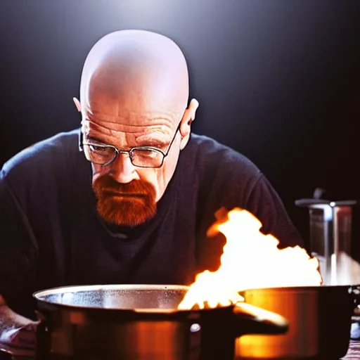 Image similar to walter white cooking eggs in a saucepan. He is looking worried. The stove is on fire. dramatic lighting, movie poster