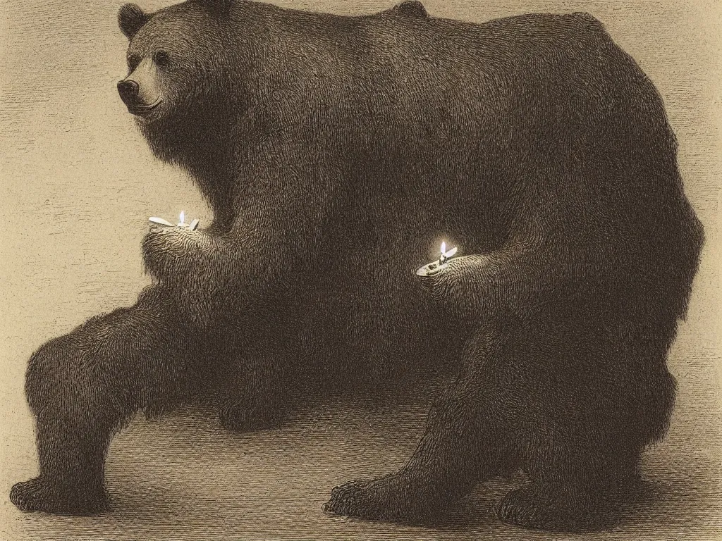 Prompt: Expressive portrait of three Old Brown bear. Candlelight. Painting by Gustave Dore, rembrandt