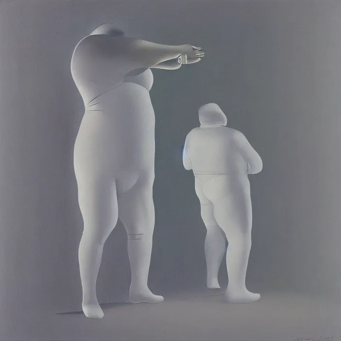 Prompt: portrait of a fat man standing, dressed in all white futuristic bodysuit with a bionic leg Edward Hopper and James Gilleard, Zdzislaw Beksinski, highly detailed