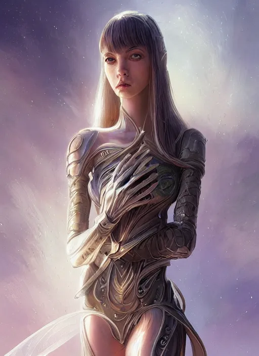 Image similar to a professional painting of a beautiful young female alien, clothed in ethereal armor, olive skin, long dark hair, beautiful bone structure, symmetrical facial features, intricate, elegant, digital painting, concept art, smooth, sharp focus, illustration, from Valerian and the City of a Thousand Planets, by Ruan Jia and Mandy Jurgens and Artgerm and William-Adolphe Bouguerea