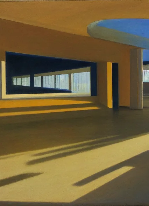 Prompt: a painting of the interior of teshima art museum by edward hopper dramatic light