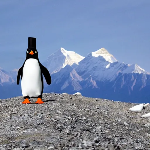 Prompt: a lone penguin with a wizard hat stands on top of mount everest