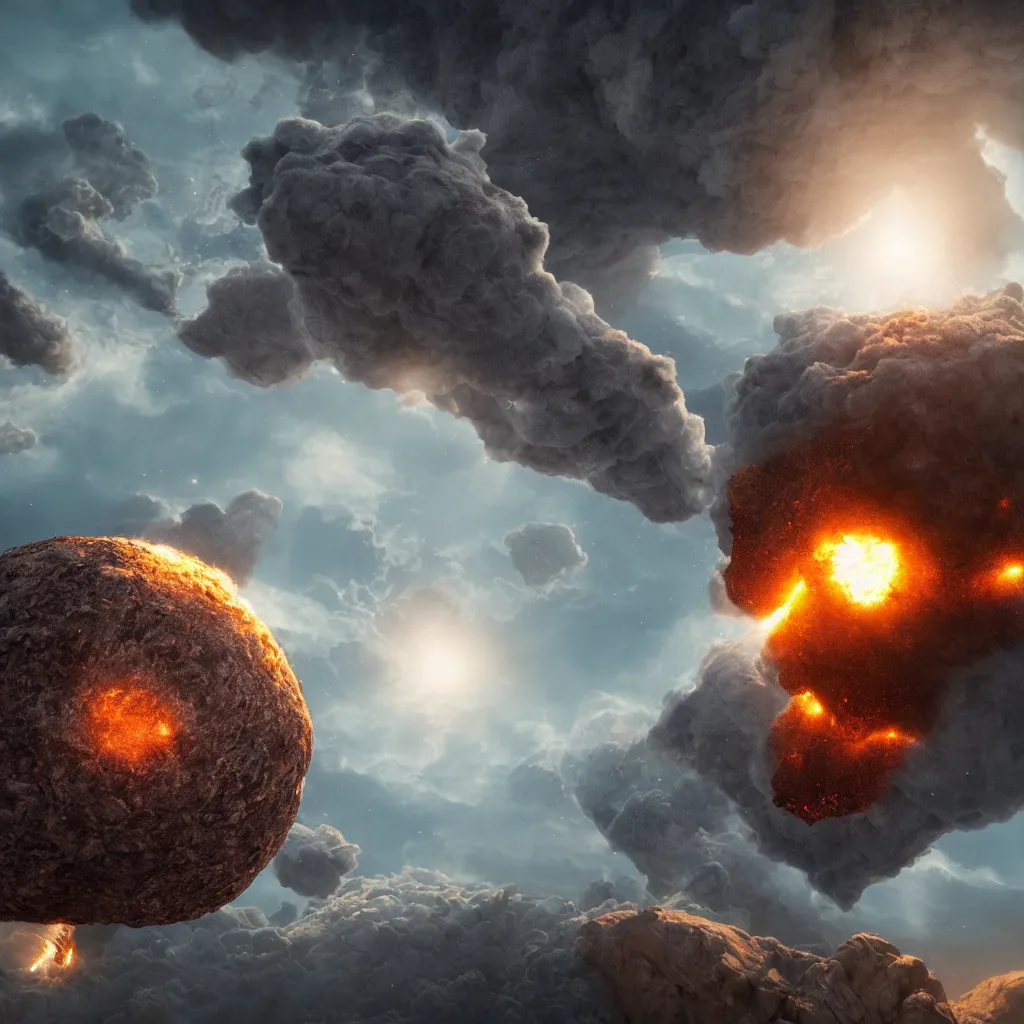 Image similar to An incredibly beautiful but ominous matte painting depicting meteorites destroying a planet, nvidia, vray, evening, epic scale, octanerender
