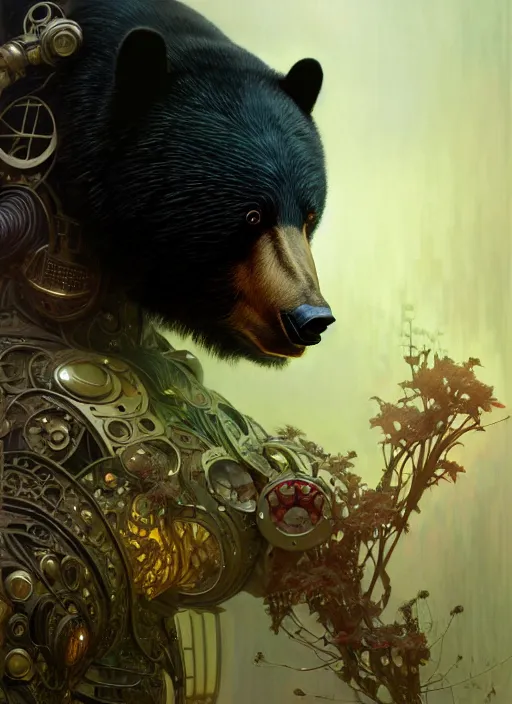 Image similar to organic cyborg, anthropomorphic asian black bear, diffuse lighting, fantasy, intricate, elegant, highly detailed, lifelike, photorealistic, digital painting, artstation, illustration, concept art, smooth, sharp focus, art by John Collier and Albert Aublet and Krenz Cushart and Artem Demura and Alphonse Mucha