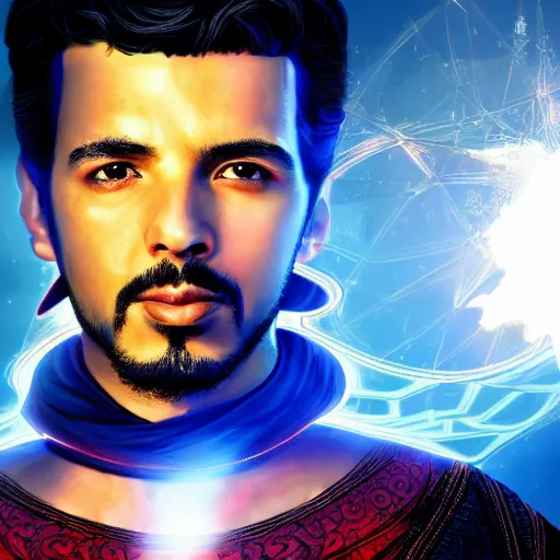 Prompt: a young middle eastern man with a goatie wearing doctor strange custom, movie promotion poster, comic book style, artstation, 4 k