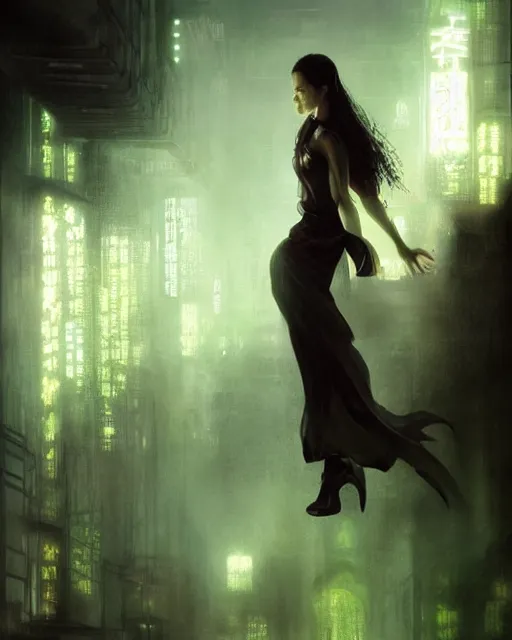 Prompt: gracious, regal majestic, pragmatic, charismatic character persephone from the matrix, face centered portrait, confident, ruined cityscape, sterile minimalistic room, architecture, fog, volumetric lighting, illustration, perfectly shaded, greenish tinge, cold lights soft painting, art by krenz cushart and wenjun lin