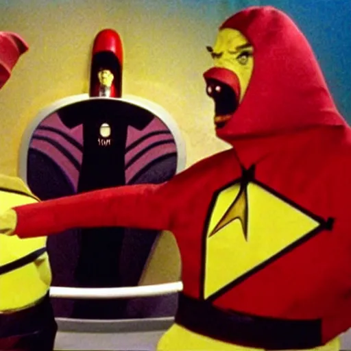 Image similar to anthropomorphic banana monster, Punching Star Trek Officer in Red, still from Star Trek the next generation, hyperrealistic, in the style of saldavor dali