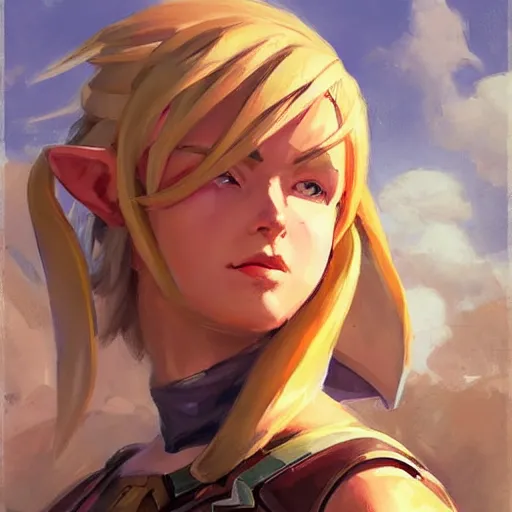 Image similar to greg manchess portrait painting of partially armored female link from legend of zelda as overwatch character, medium shot, asymmetrical, profile picture, organic painting, sunny day, matte painting, bold shapes, hard edges, street art, trending on artstation, by huang guangjian and gil elvgren and sachin teng