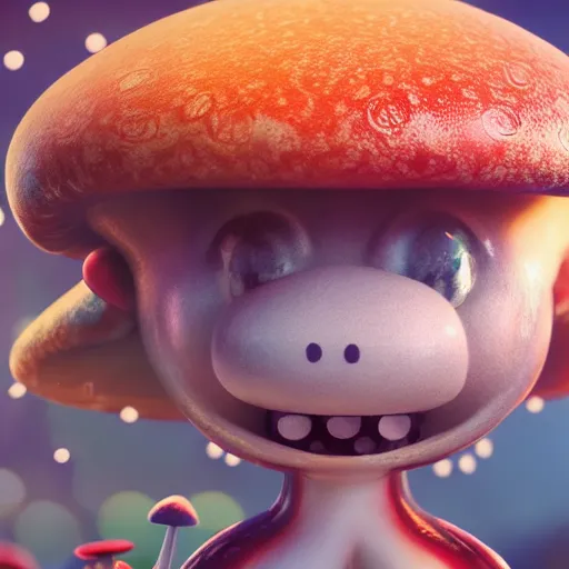 Image similar to : kawaii mushroom Character very happy and fun ,hyper detailed art station  parabolic lighting contest winners unrealengine trending on artstation,cinematic, hyper realism, high detail, octane render, 8k