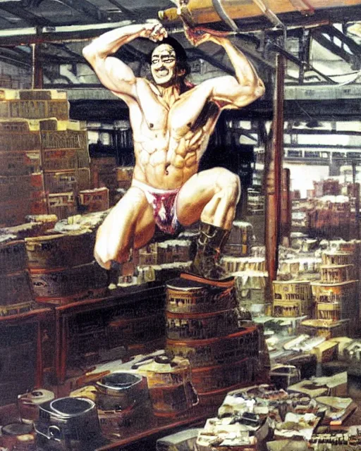 Image similar to muscly grimacing Snake Oil salesman shredding on a Gibson Les Paul in a snake oil warehouse, painting by Frank Frazetta