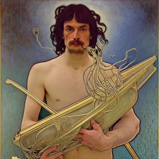 Image similar to realistic extremely detailed portrait painting of. an average. man with his. briefcase .in his. left hand . by Jean Delville, Amano, Yves Tanguy, Alphonse Mucha, Ernst Haeckel, Edward Robert Hughes, Roger Dean, pale muted pastel moody colors, gold eyes