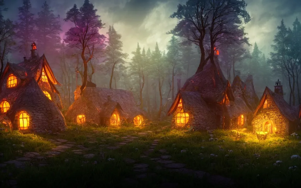 Image similar to gloomy sparse fairytale forest with witches cottage made of candy in the distance, visual novel key visual, award - winning digital art on pixiv, trending on artstation - cinematic lighting, dramatic lighting, stunning and beautiful scenery - highly detailed, hyperrealistic, unreal engine 5, in the style of kingdom hearts