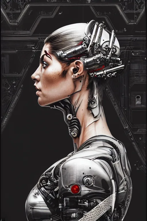 Image similar to sideview waist up portrait of beautiful cyborg woman by sandra chevrier laurie greasley gustave dore, cybernetics, low contrast, cinematic dramatic lighting, hyper realistic detailed intricate render, hypermaximalist, ornate, epic composition, 4 k 8 k, cryengine octane, sharp focus, concept art, masterpiece