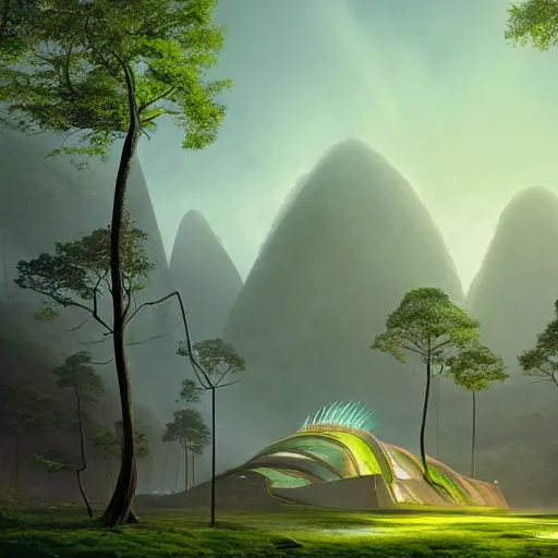 Image similar to futuristic temple between green hills with big trees, monks, shooting stars, dramatic lighting, artstation, matte painting, raphael lacoste, simon stalenhag, frank lloyd wright, zaha hadid