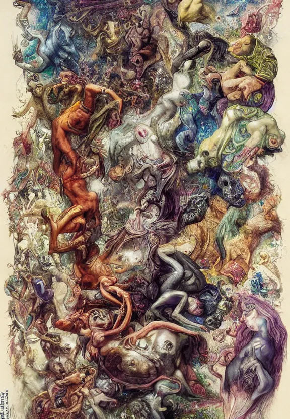 Image similar to simplicity, colorful muscular eldritch animals and bodies radiating outward, mandala, white bones, colorful gems, by h. r. giger and esao andrews and maria sibylla merian eugene delacroix, gustave dore, thomas moran, pop art, chiaroscuro, biopunk, art nouveau