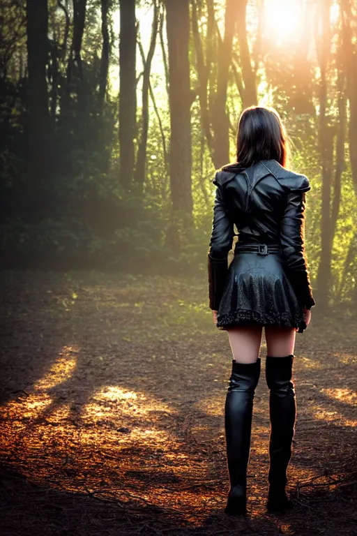 Image similar to hyperrealistic mithra young girl in her 20s intricate knee high black boots and leather jacket in a forest sun behind her concept art eric zener elson peter cinematic blue light low angle hd 8k sharp shallow depth of field